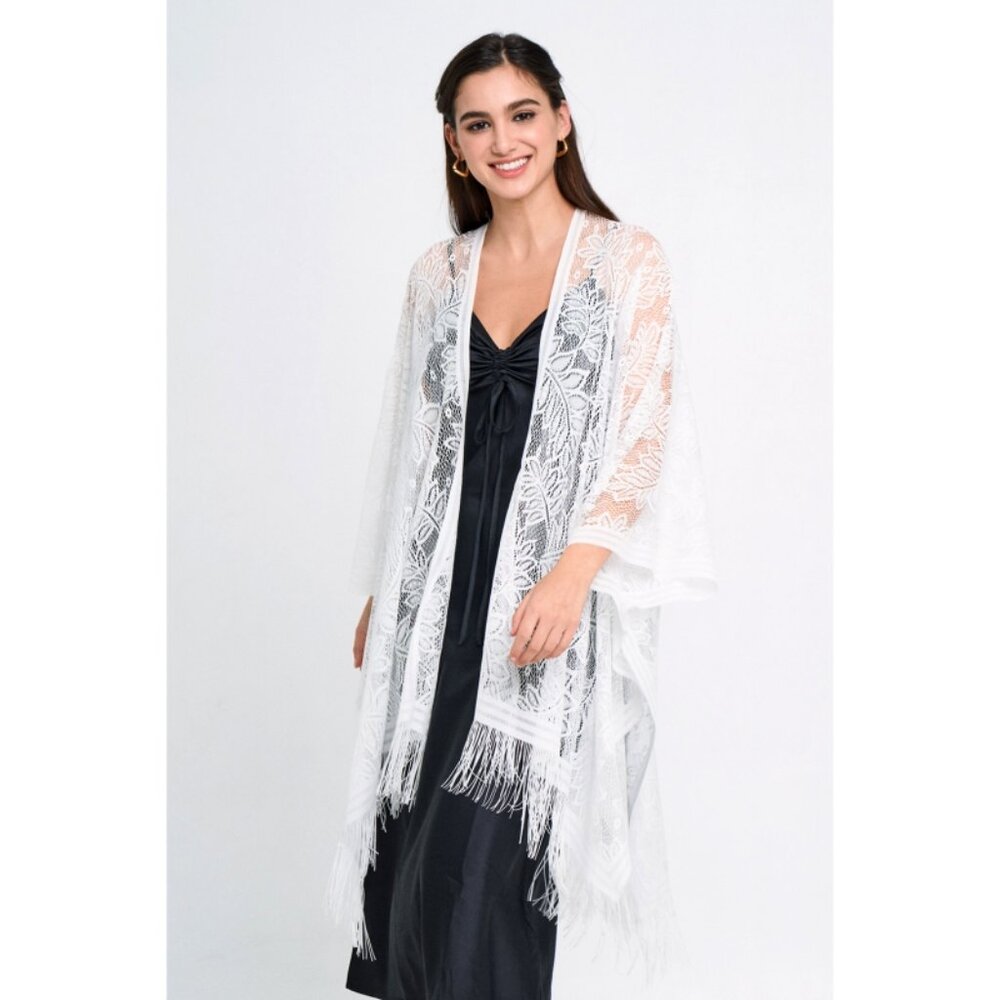 Do Everything In Love Boho Beachy Kimono Cover Up Lace WHITE Fringe Tassels OS